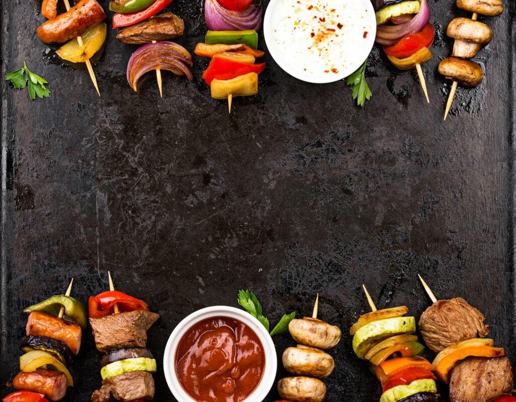 Grilled kebabs with meat, mushrooms and vegetables
